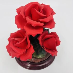 Capodimonte Porcelain 3 Blooms Red Roses & Leaves On Wood Base Made In Italy